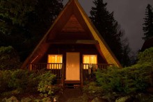 Evening view of guest cabin at Skeena Spey Fishing Lodge