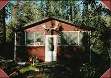 Guest cabin with moose antlers at Kenro Fish Camp
