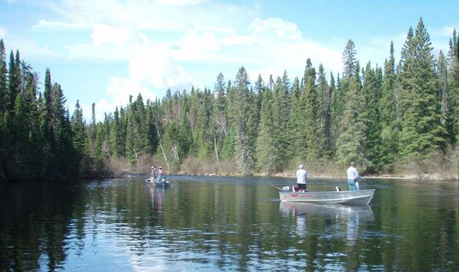 Boats on lake at Manitoba fishing lodge